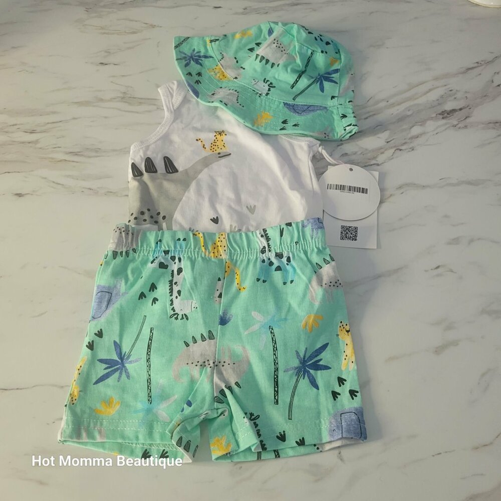 Infant Dinosaur Safari Print Bucket Hat 3 Piece Short Set 6-9M
